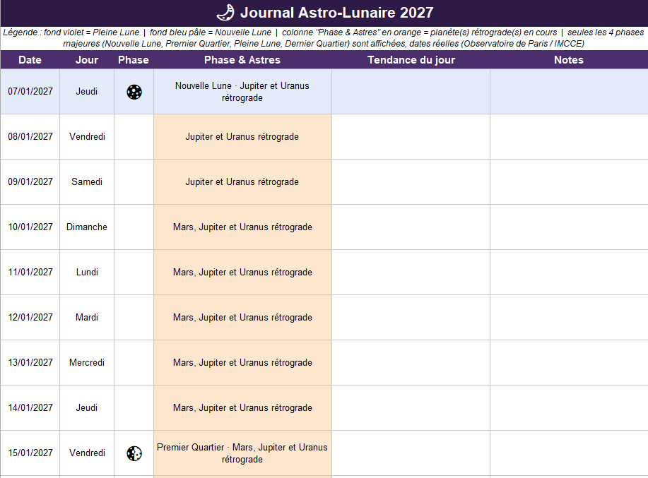 Aperçu du calendrier Excel du Journal Astro-Lunaire